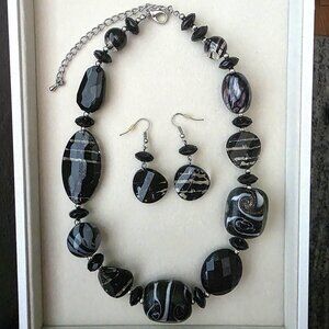 Black Statement Necklace Earrings Set Chunky Beaded 20"